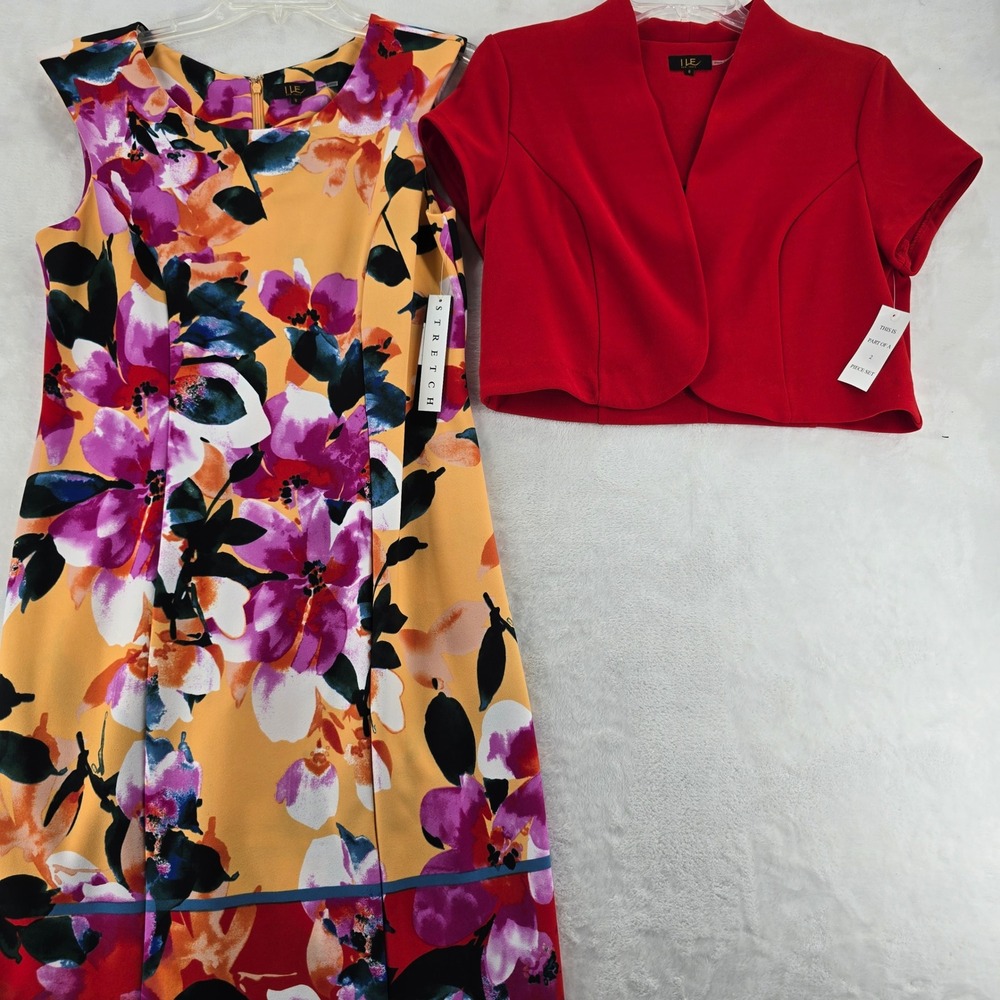 ILE New York 2-Piece Dress Set 8 Floral Sheath Red Cropped Bolero Jacket
